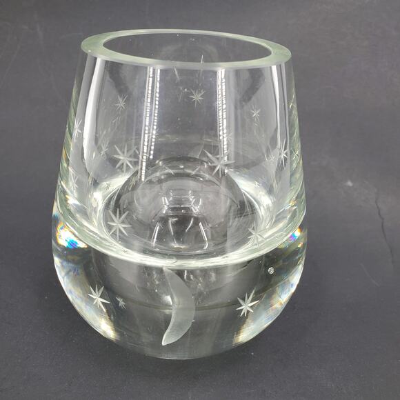 Blown Crystal Moon & Stars Etched Clear Bubbble Art Glass Vase MCM Poland 2 Side - Picture 2 of 10